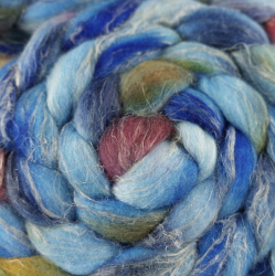 BLUE/ BURGUNDY, wool roving for hand spinning, merino and flax linen blend 