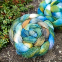 Blue / Green / Brown - wool roving for hand spinning, blend of wool and tencel