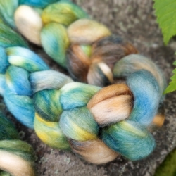 Blue Green Brown hand dyed wool roving for hand spinning blend of wool and tencel lyocell