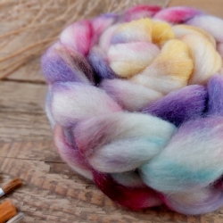 Violet yellow turquoise  indie dyed wool roving for hand spinning blend of wool and tencel