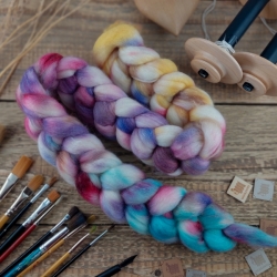 Violet yellow turquoise  indie dyed wool roving for hand spinning blend of wool and tencel