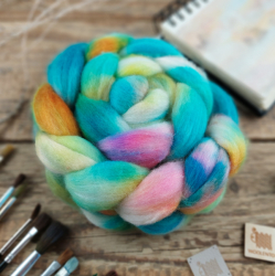 TURQUOISE MIX, merino wool with tussah silk, hand dyed top roving, Woolento 