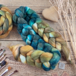 Green / Petrol / Ochre  - wool roving for hand spinning, blend of wool and tencel 