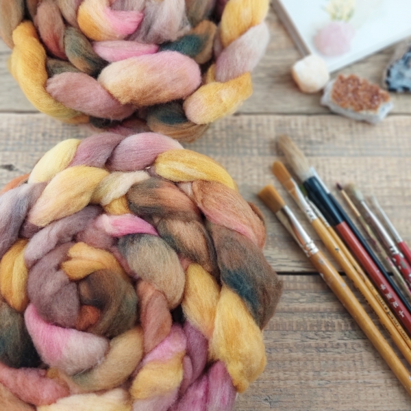 Brown / gold / pink - wool roving for hand spinning, slovak merino, handmade