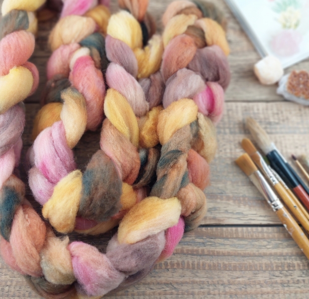 Brown / gold / pink - wool roving for hand spinning, slovak merino, handmade